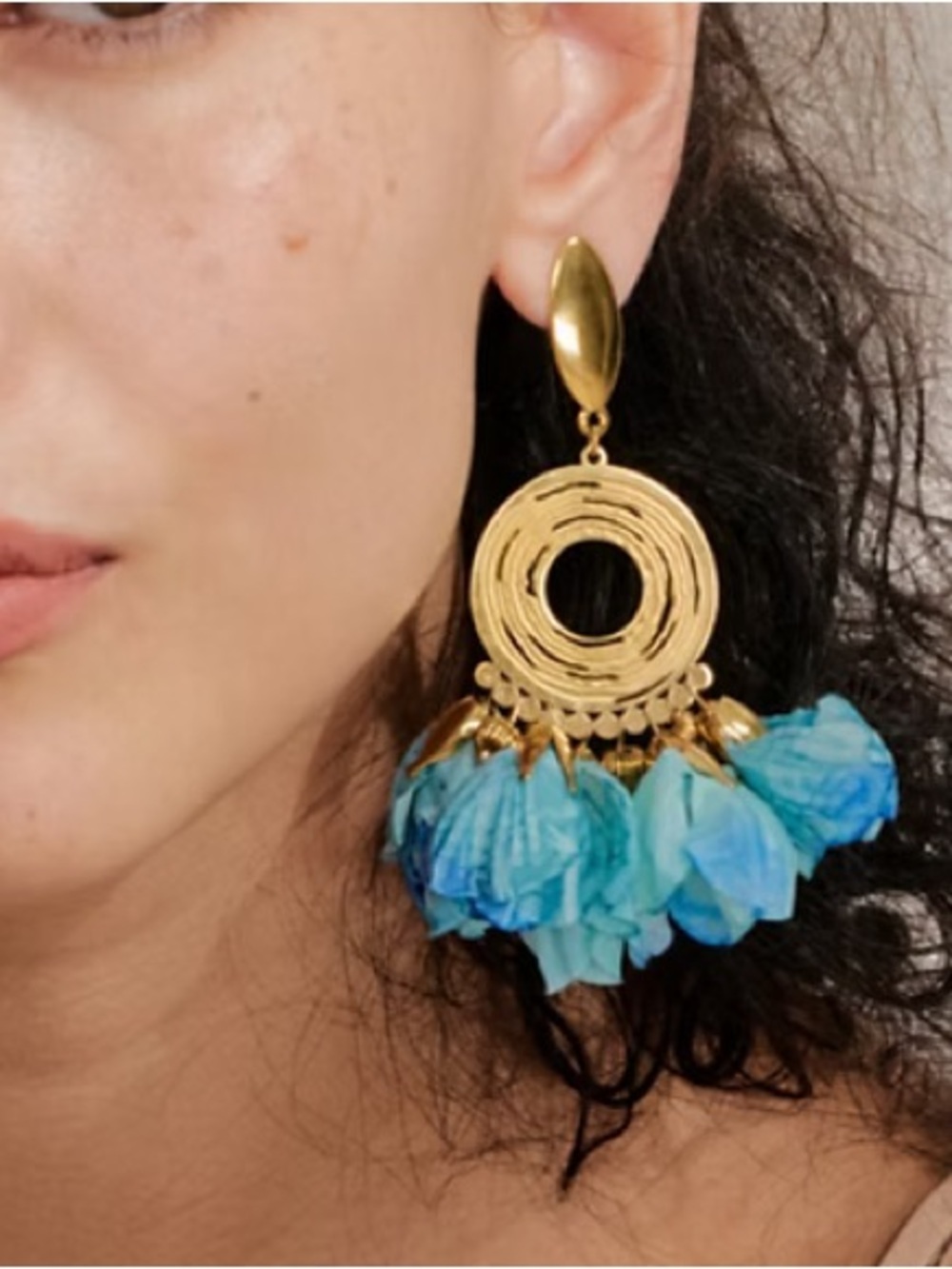 New in box Medina fine pearls Gold Hoop Drop Earrings with Blue Floral Accents